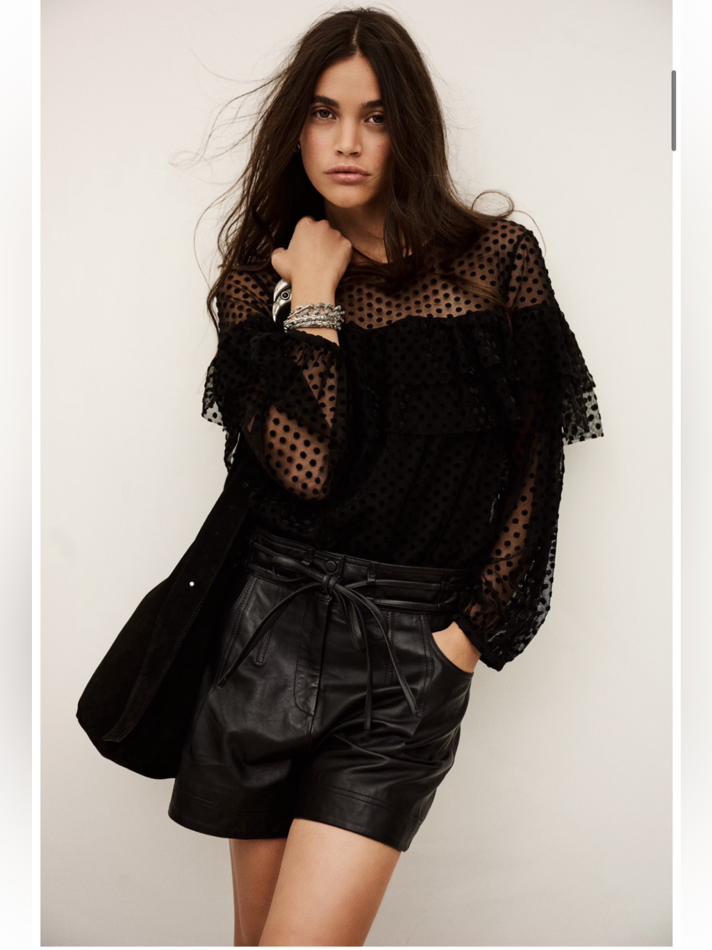 Ba&Sh Black Polka Dot Sheer Ruffle Blouse - Women Bnwt